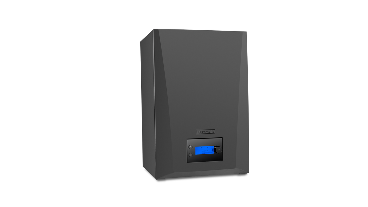 zijaanzicht Remeha Quinta 65 HR Soloketel
met excentrische rookgasaansluiting 2 x 100 mm 12,0 - 61,5 kW 7843854 | CVketel.nl